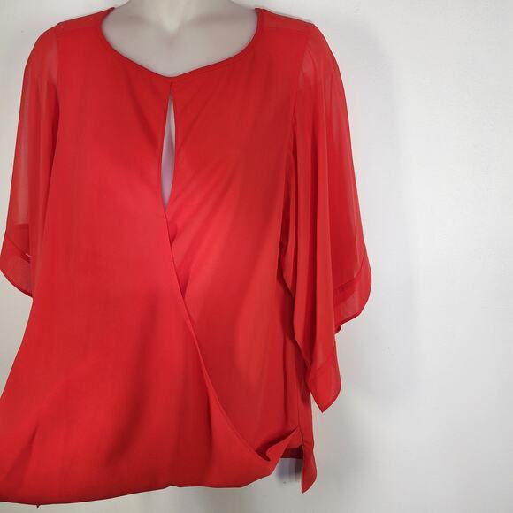 Jennifer Lopez Womens Chiffon Faux Wrap Top M Red Keyhole Wide 3/4 Sleeve Light - Picture 3 of 9